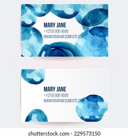 Set of two creative business card templates with artistic vector design. Abstract blue watercolor stains.