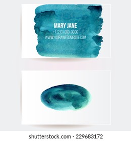 Set of two creative business card templates with artistic vector design. Abstract blue watercolor strokes.