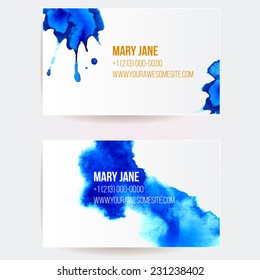 Set of two creative business card templates with artistic vector design. Sea blue splashes and stains.