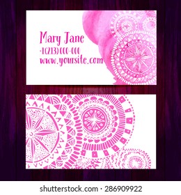 Set of two creative business card templates with artistic vector design. Pink watercolor paint strokes with round ethnic hand drawn ornament