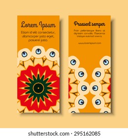 Set of two creative business card templates with artistic vector design. Yellow background with round abstract pattern.