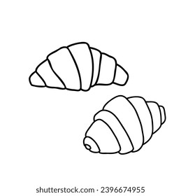 Conjunto de dos iconos de croissant. Ilustración dibujada a mano aislada sobre un fondo blanco. Para menú de café, panadería o etiqueta de empaque de pastelería. Glifo de línea para aplicación y sitio web de comida