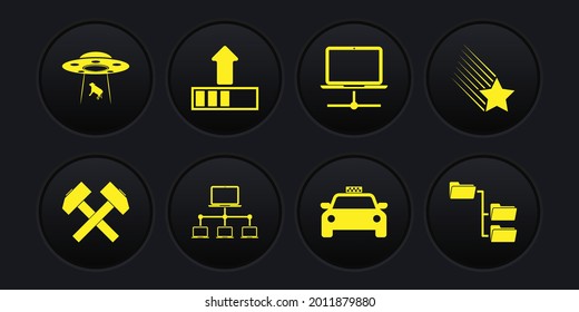 Set Two crossed hammers, Falling star, Computer network, Taxi car,  and Loading icon. Vector