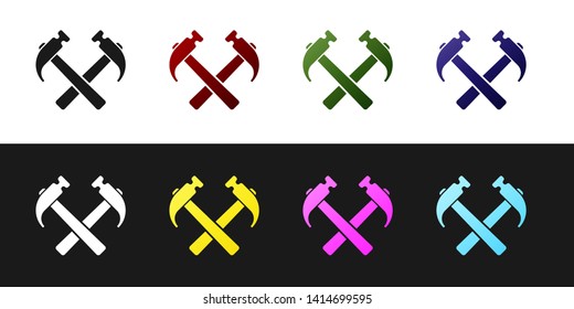 Set Two crossed hammers icon isolated on black and white background. Tool for repair. Vector Illustration