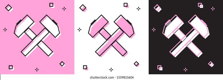 Set Two crossed hammers icon isolated on pink and white, black background. Tool for repair.  Vector Illustration