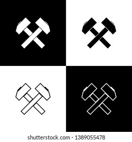 Set Two crossed hammers icons isolated on black and white background. Tool for repair. Line, outline and linear icon. Vector Illustration