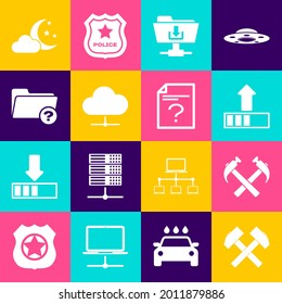 Set Two crossed hammers, , Loading, FTP folder download, Network cloud connection and Unknown directory icon. Vector
