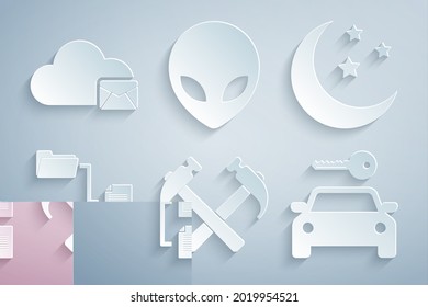 Set Two crossed hammers, Moon and stars, Folder tree, Car rental, Alien and Cloud mail server icon. Vector