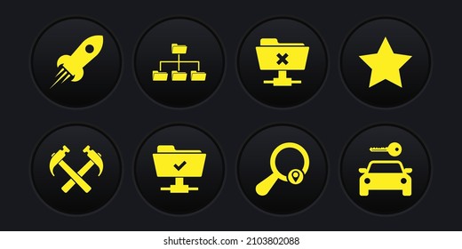 Set Two crossed hammers, Star, FTP operation successful, Search location, cancel and Folder tree icon. Vector