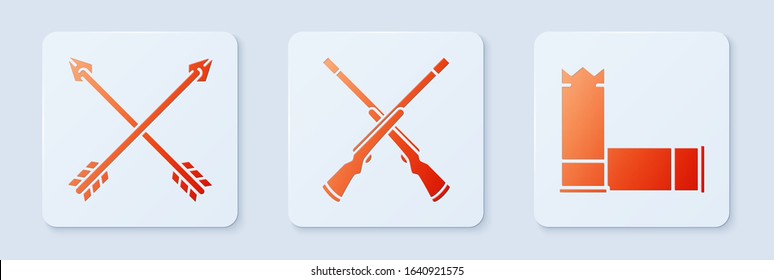Set Two crossed shotguns, Crossed arrows and Cartridges. White square button. Vector