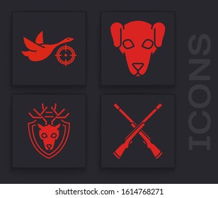 Set Two crossed shotguns, Hunt on duck with crosshairs, Hunting dog and Deer head with antlers on shield icon. Vector