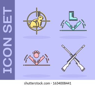 Set Two crossed shotguns, Hunt on rabbit with crosshairs, Trap hunting and Trap hunting icon. Vector