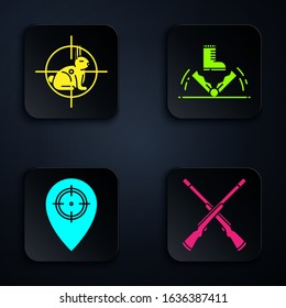 Set Two crossed shotguns, Hunt on rabbit with crosshairs, Hunt place and Trap hunting. Black square button. Vector