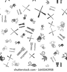 Set Two crossed shotguns, Hunt on duck with crosshairs, Hunt on deer with crosshairs and Flashlight and knife on seamless pattern. Vector
