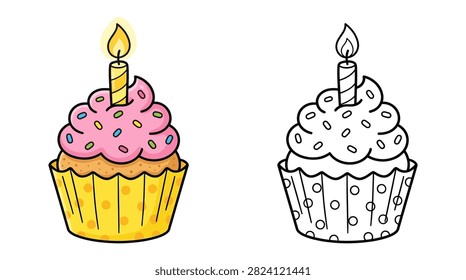 Set of two cupcake graphics including color and line art versions.