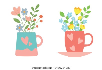 Conjunto de dos tazas con ramos de lindas flores de primavera. Primavera, concepto romántico. Ilustración vectorial plana.