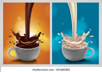 Un conjunto de dos tazas con chocolate y leche. Ilustración muy realista con un efecto de salpicadura.