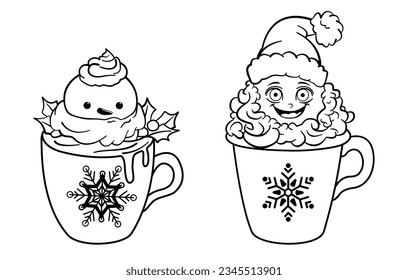 Set of two cups with hot chocolate or coffee with faces. Vector illustration.