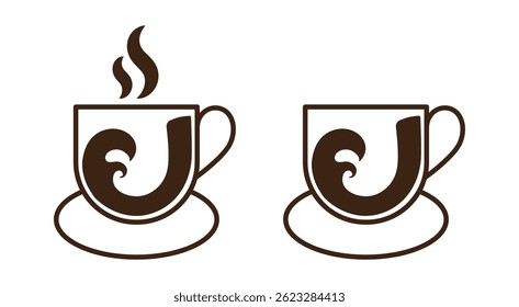 Set of two cups isolated on transparent background. Cup with coffee design vector illustration. Coffee cup with steam. Coffee cup for logo. Coffee cup with saucer.  