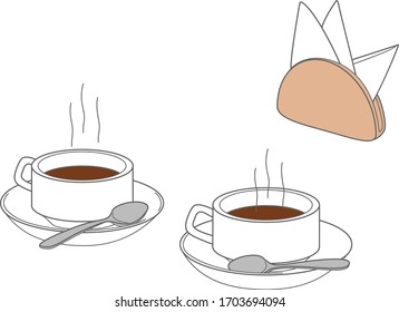 Set of two cups on saucers with teaspoons and a napkin holder with paper napkins. Vector linear illustration.