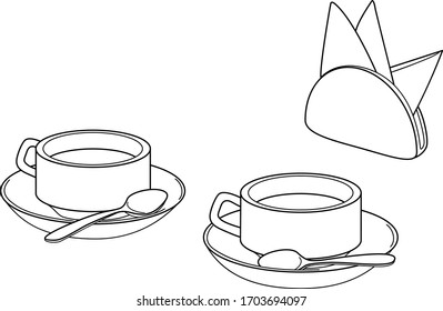 Juego de dos tazas sobre platillos con cucharaditas y un tenedor de servilletas con servilletas de papel. Ilustración lineal vectorial.