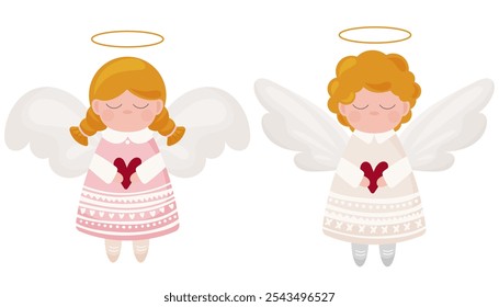 Set of two cute angels. Tender and beautiful christian symbols. Stickers for christmas winter festivities, communion, greeting cards. 