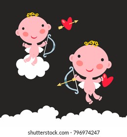 Set of two cute baby angels with bow and arrows in the sky. Vector illustration with amur and heart in the sky. Card cover print of Saint Valentines day.