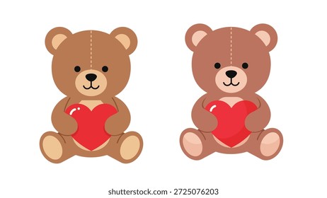 Conjunto de dos lindos osos de peluche marrones sentados y sosteniendo corazones rojos iconos de Ilustración vectorial aislados