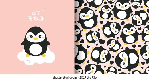 Juego de dos tarjetas bonitas. Patrón sin foco con pingüinos. Pingüinos de fondo rosado. Postal, afiche, ropa, tela, papel de envoltura, textiles.