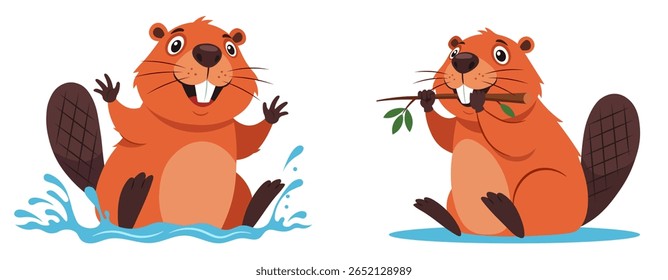 A set of two cute cartoon beaver characters in different poses. One is playing and splashing in the water, the other is eating a branch. A collection of wildlife animal mascot poses for various design