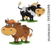 Set of two cute cartoon cows of different colors on a white background.