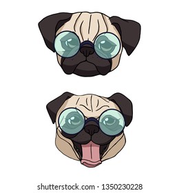 Set of two cute cartoon pug heads wearing glasses. Vector dog illustration on white background