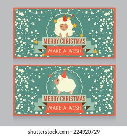 set of two cute christmas cards with little party sheeps, vector illustration