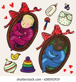 Set of two cute color babies sleeping in basket with bow toy of whirligig, rattle, diaper, panties, bottle, nipple, rubber duck, pyramid in cartoon style. Vector children illustration.