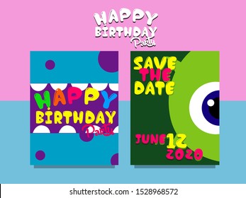 Set of two cute color monsters invitation cards. cartoon illustration