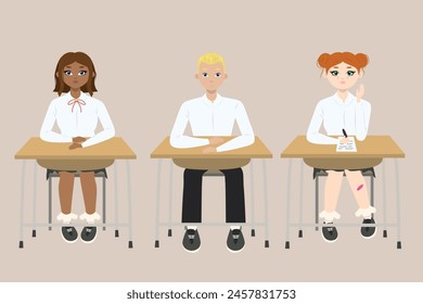 Set with two Cute girls with red and brown hair sitting at a school desk in school class with a boy w blonde hair. Back to school edition. Flat vector