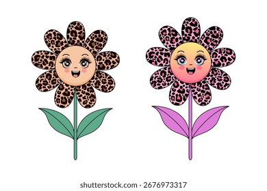 Un conjunto de dos lindas flores kawaii con caras felices y pétalos con estampado de leopardo con estilo en rosa y marrón.