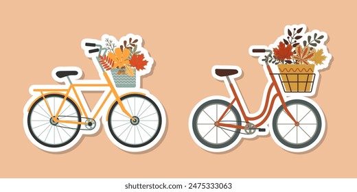 Set of two cute Ladies bicycle with basket of autumn leaves. Retro bicycle sticker. Romance. Good for cards, greeting, scrapbooking, typography, printing, social media or website