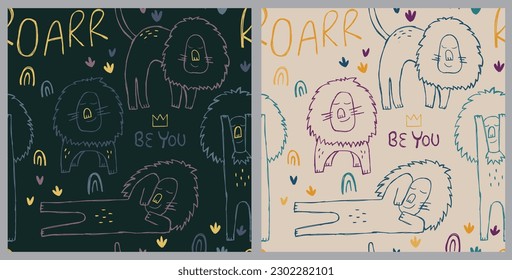 Set of two cute Lion. Seamless pattern with leo on a Hand drawn vector doodle design for girls, boys, kids. Nursery, Postcard, poster, clothing, fabric, wrapping paper, textiles design.