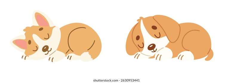 Set of Two Cute Little Dogs are Sleeping. Hand Drawn Vector Art