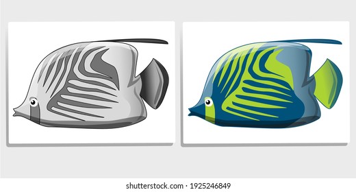 A set of two cute marine fish, one is gray shade and one is created with many beautiful colors. Vector image in cartoon style.