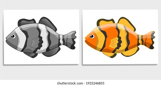 A set of two cute marine fish, one is gray shade and one is created with many beautiful colors. Vector image in cartoon style.