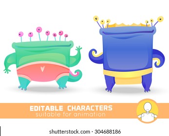 Set of two cute monsters with many eyes. Suitable for animation, video and games. You can change color, position of body parts, dress and size. Vector illustration