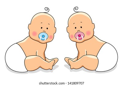 Set of two cute newborn babies sitting as element for baby clothes label, icon or decor for baby shower card