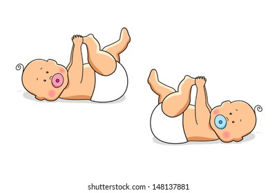 Set of two cute newborn babies lying and playing with feet