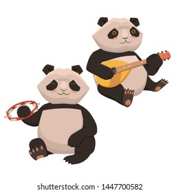 Set of two cute pandas playing musical instruments. Isolates on a white background. Vector graphics.