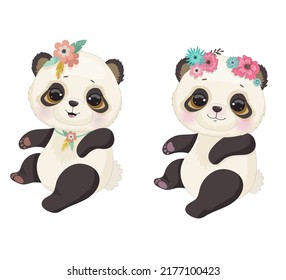 A set of two cute pandas sitting half-turned with flowers on their heads