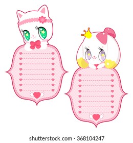 Set with two cute pink labels with little kitten and bunny princess and hearts. For Valentine's Day, for romantic messages, for the invitation, or for design of diary.