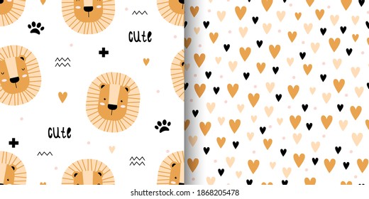 Set of two cute seamless pattern with lions and hearts. The faces of the lions. Vector childish illustration on white background. Print on poster, postcards, clothes.