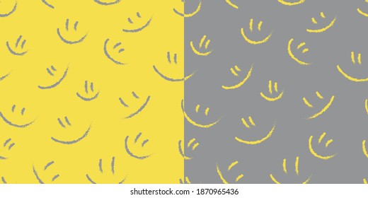 Set of two cute Seamless patterns with smiles in colors of 2021 year. Vector illustration. Simple hand drawn clipart. For banner, poster, collage, fabric, textile, gift wrapping. 